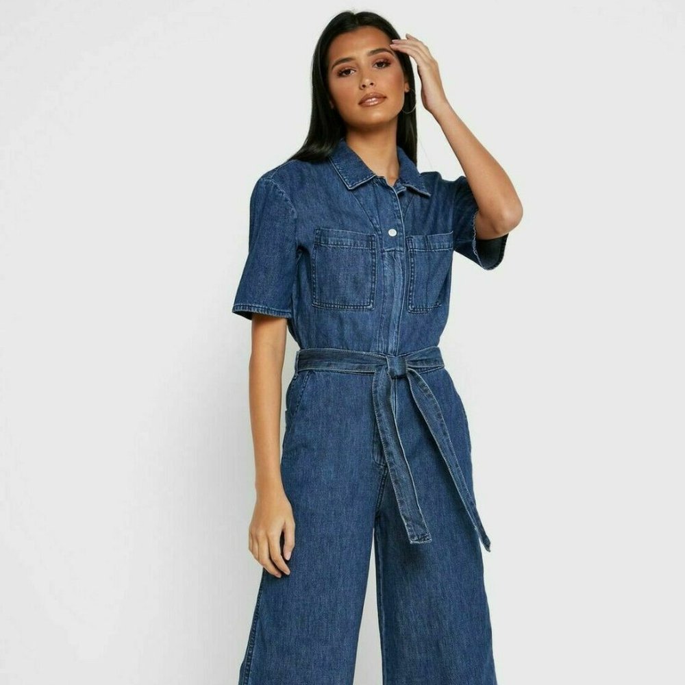 Gap Women's Short Sleeve Belted Relaxed Fit Denim Jumpsuit